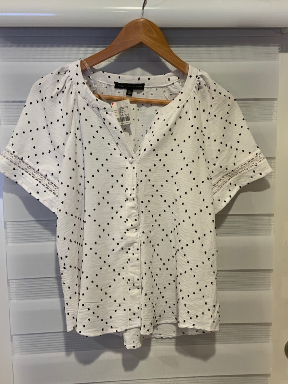 Adrienne Vittadini White Blouse with Black Dot Print